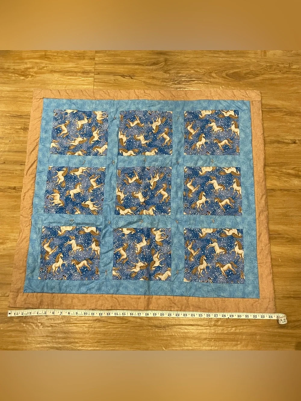 Patchwork Quilt Handmade Unicorn Blues & Brown Design-35x32”